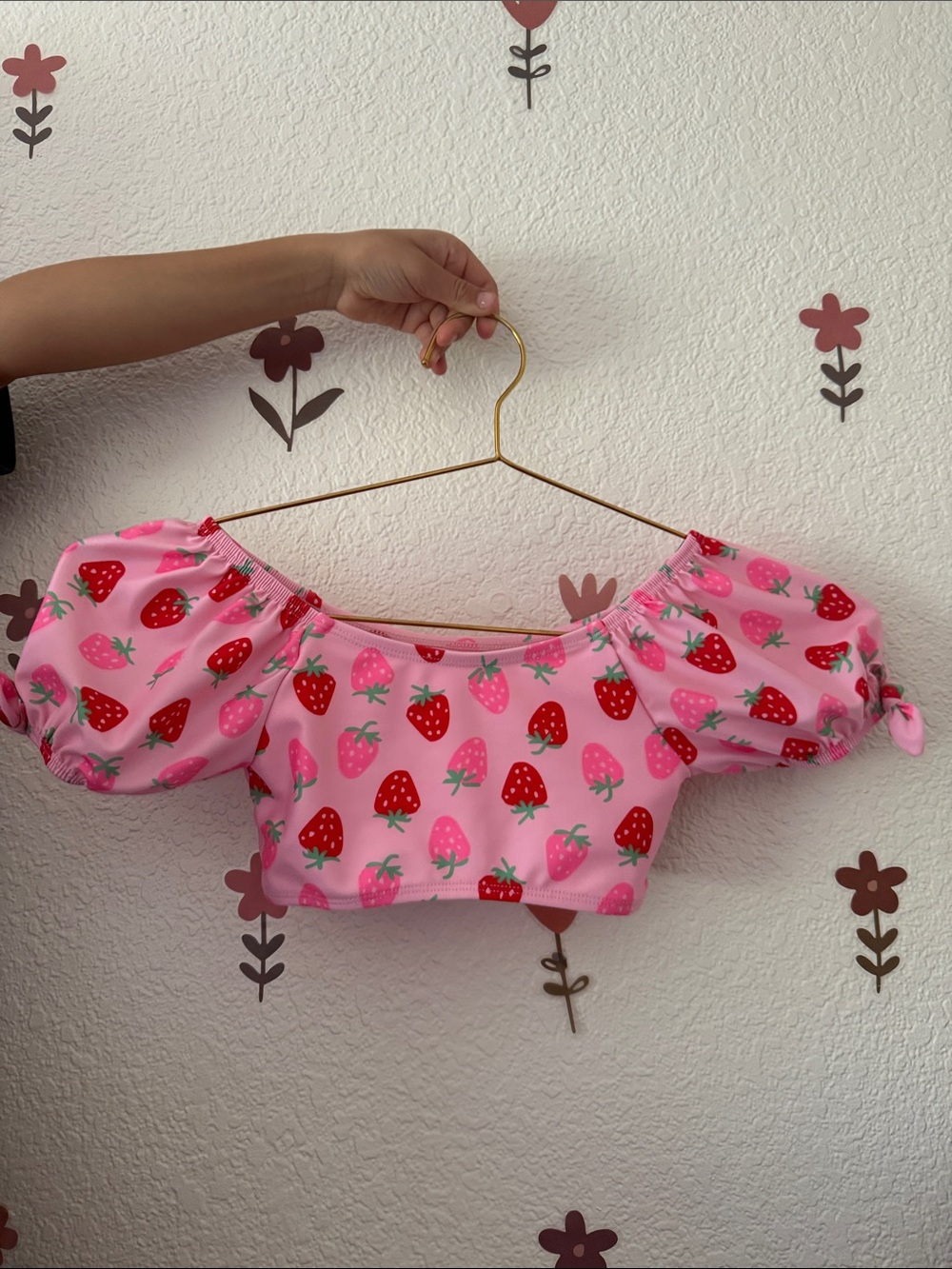 Pink Strawberry Print Off-Shoulder Crop Top Swim Suit